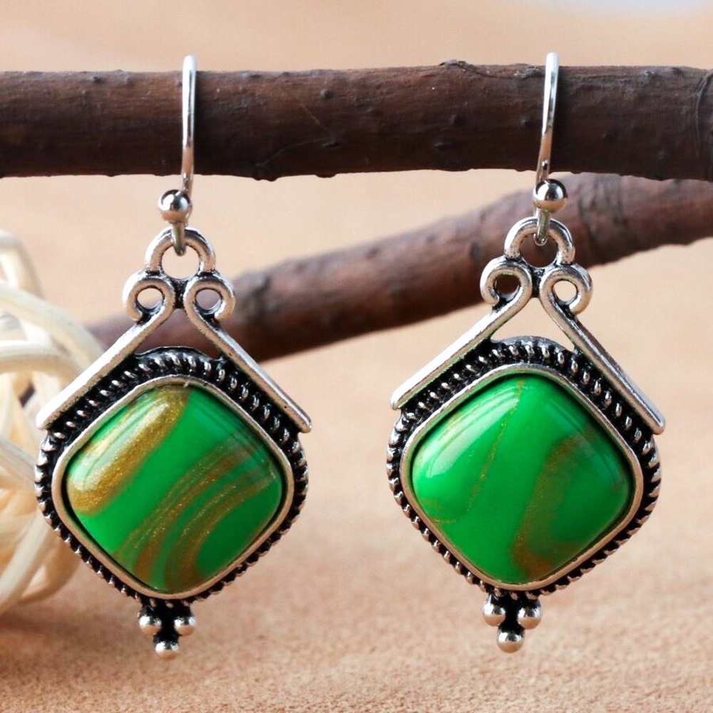 Any 2/$20! Oxidized Silver w/Green Stone Drop Earrings - Picture 2 of 5